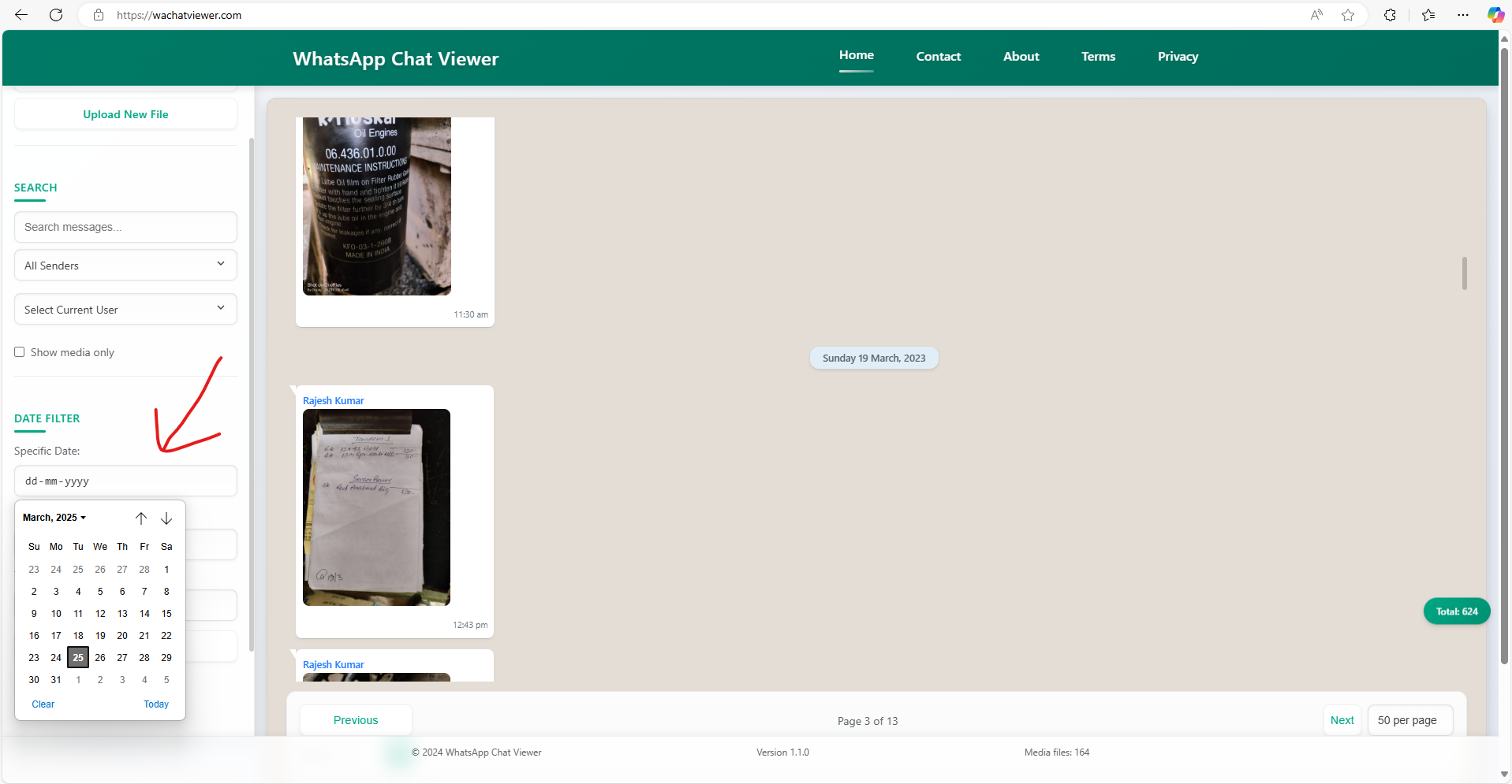 Date filter options in WhatsApp Chat Viewer