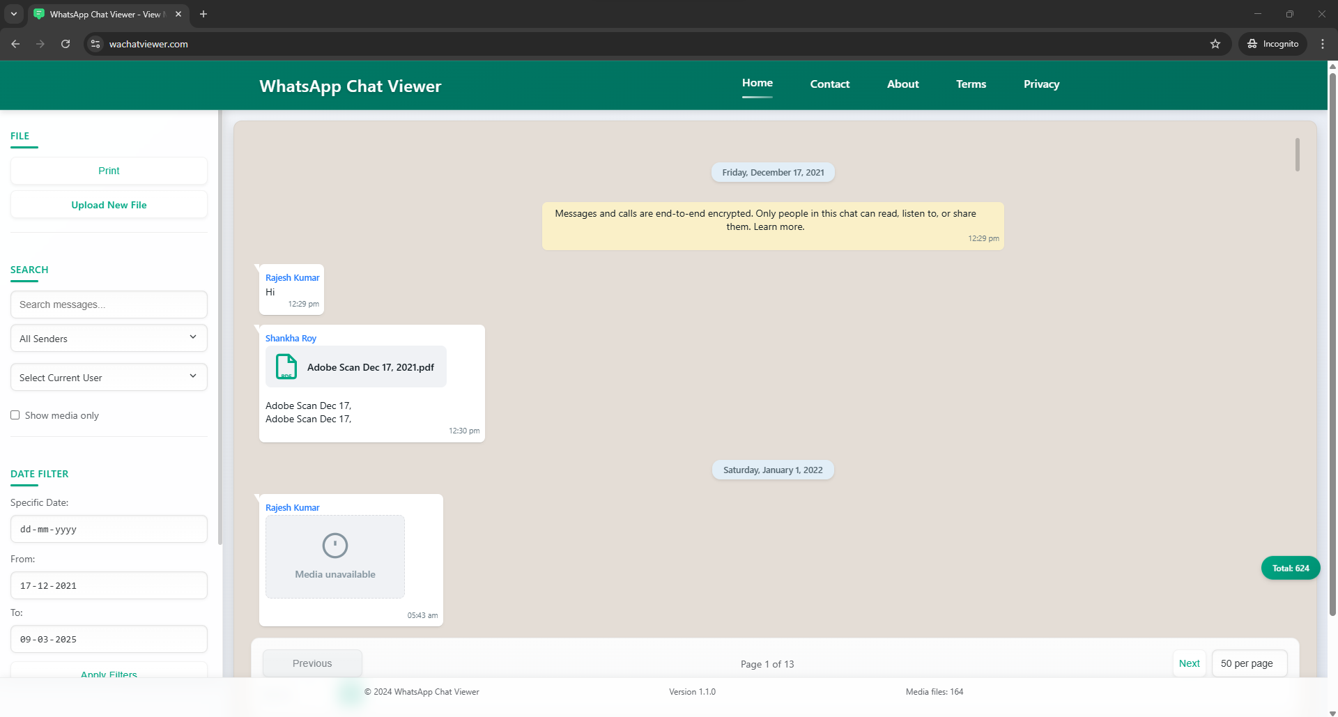 WhatsApp Chat Viewer interface showing messages
