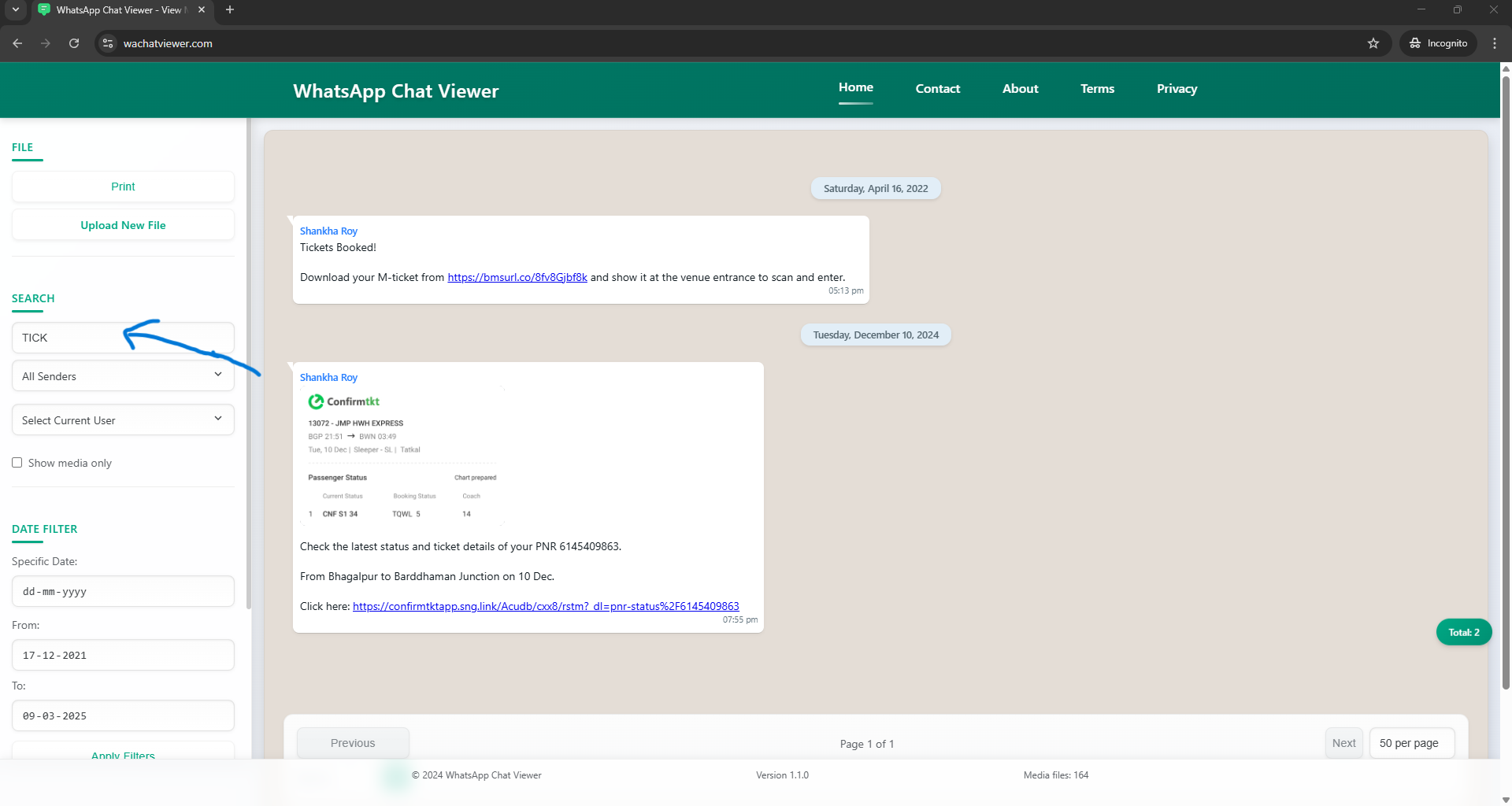 Search functionality in WhatsApp Chat Viewer