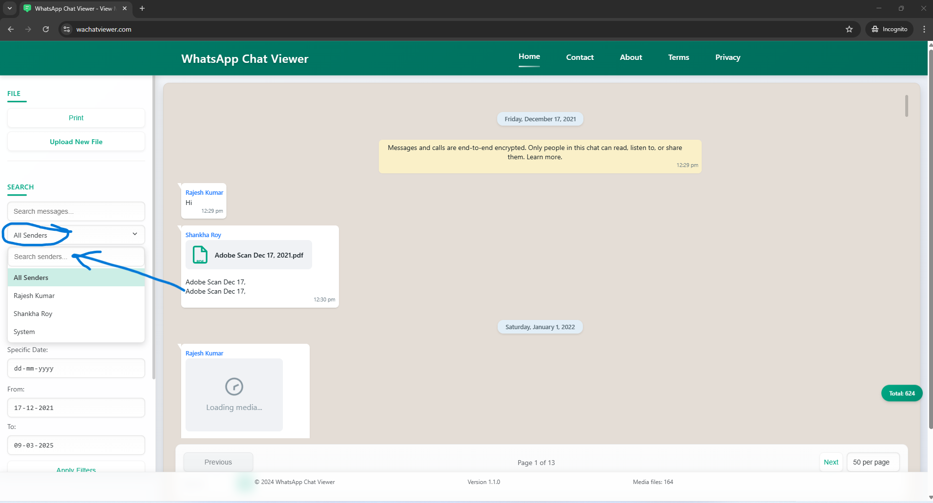 Sender filter dropdown showing available chat participants