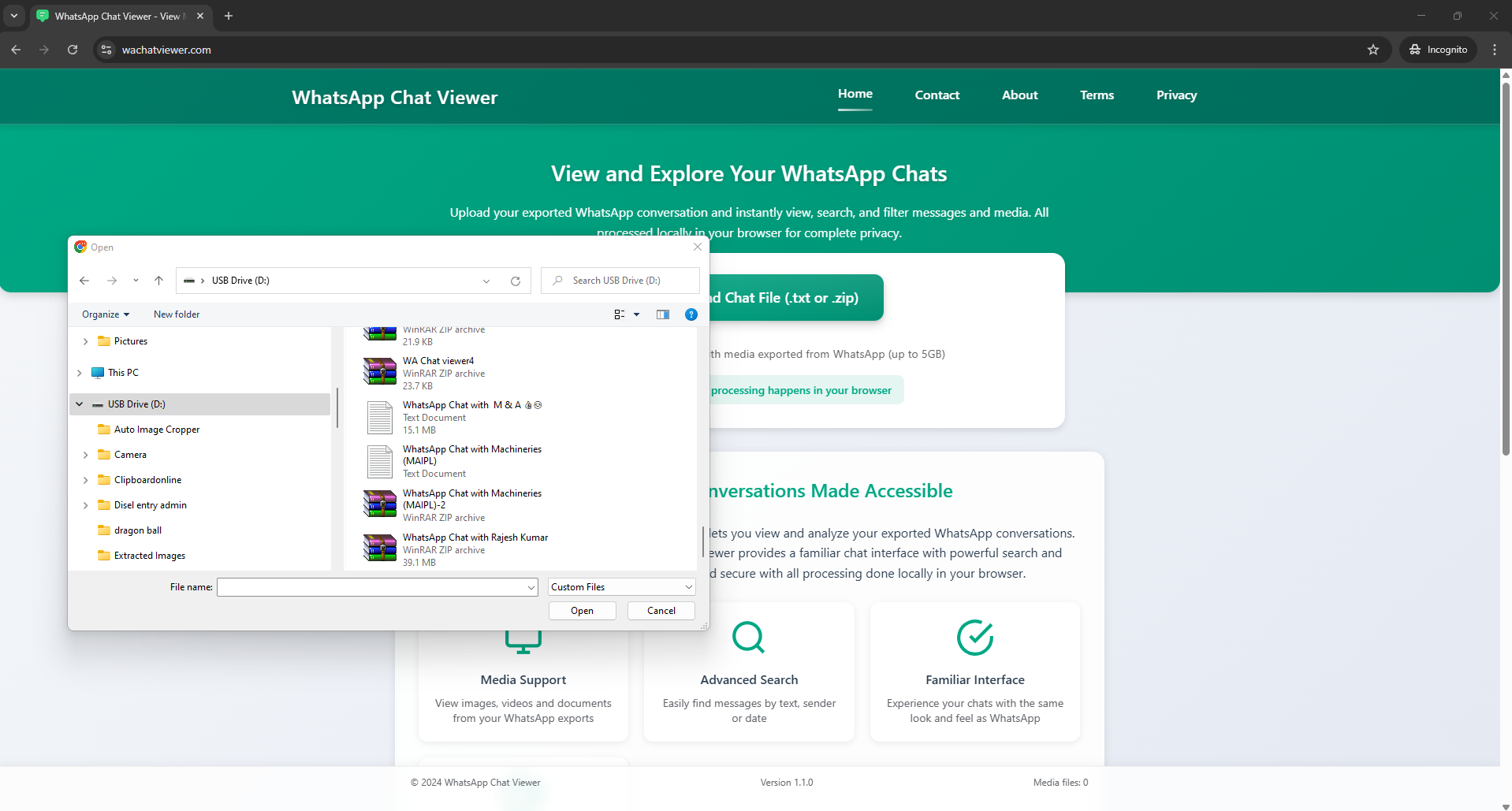 File browser showing WhatsApp export files