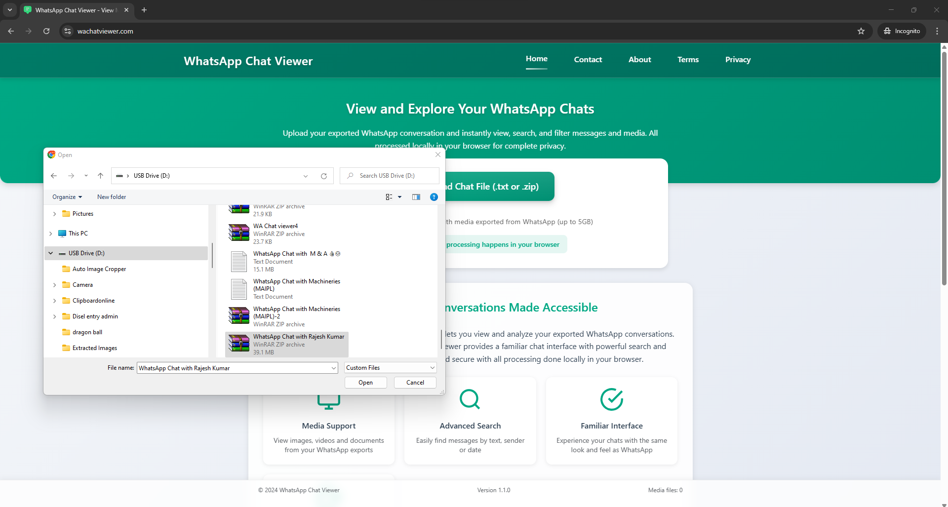 File selection showing WhatsApp Chat with Rajesh Kumar